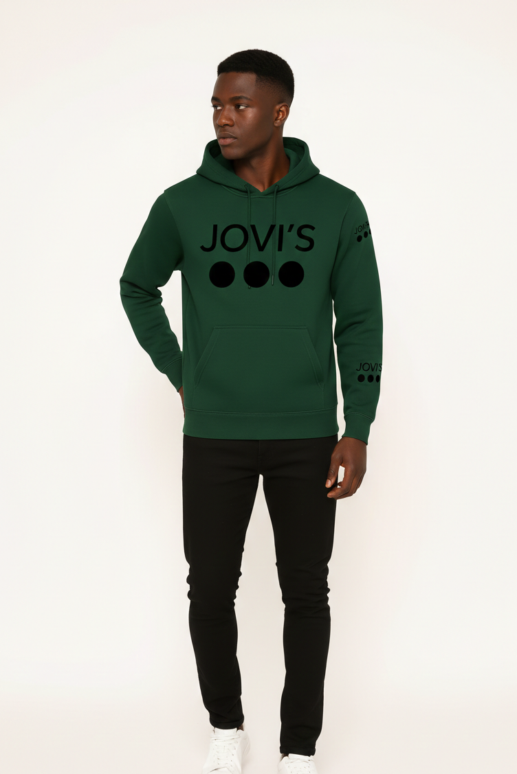 Green JOVI’S Hoodie with Black Logo & Multi Dot Sleeve Design – Casual Streetwear Pullover