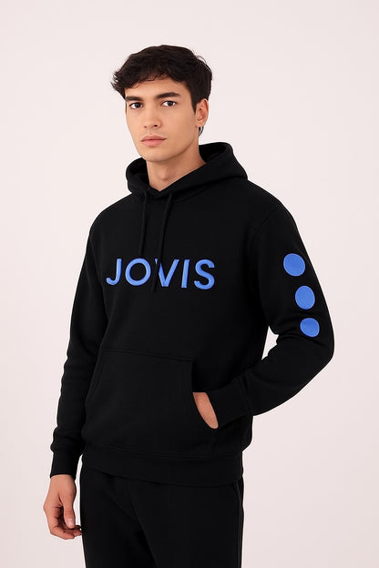 Black JOVI'S Hoodie with Blue Logo & Sleeve Dot Design – Casual Streetwear Pullover