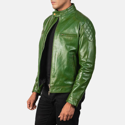 DZainio Gatsby Green Leather Biker Jacket