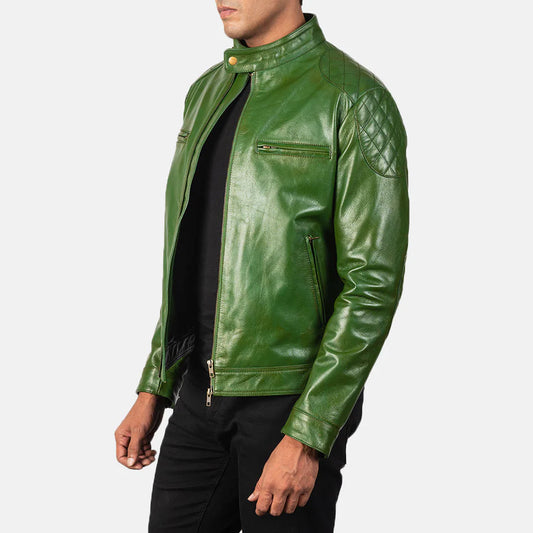 DZainio Gatsby Green Leather Biker Jacket