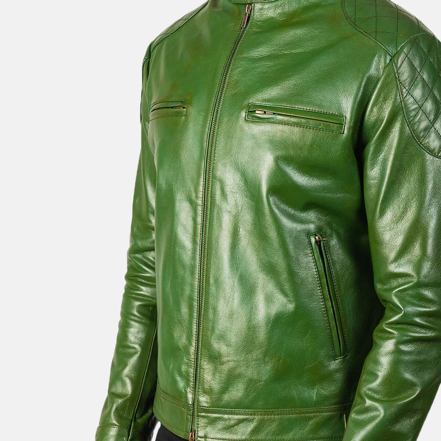 DZainio Gatsby Green Leather Biker Jacket