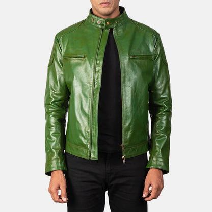 DZainio Gatsby Green Leather Biker Jacket