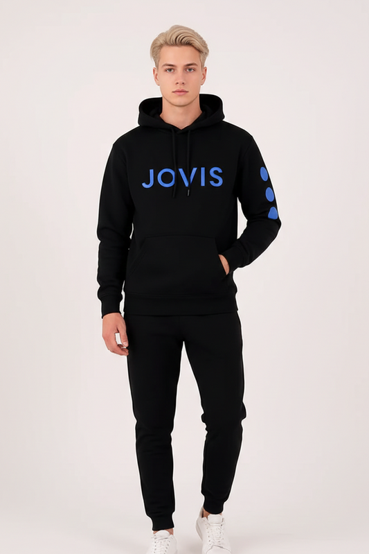 Black JOVI'S Hoodie with Blue Logo & Sleeve Dot Design – Casual Streetwear Pullover
