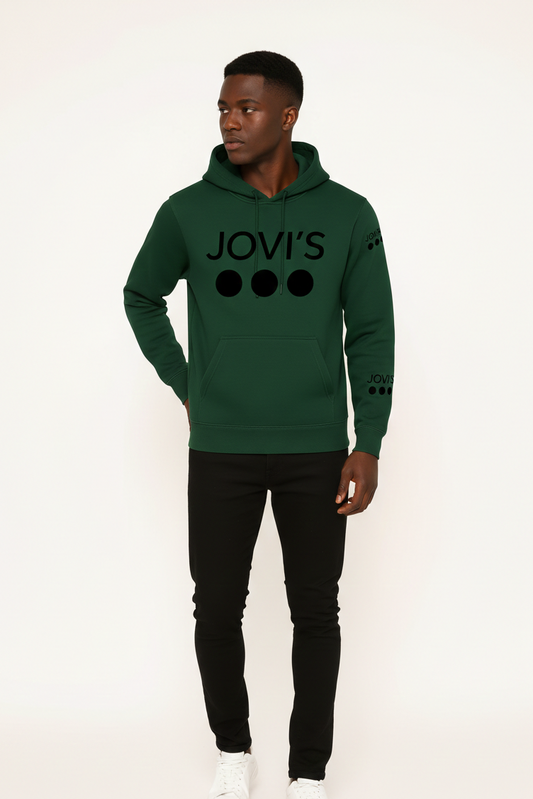 Green JOVI’S Hoodie with Black Logo & Multi Dot Sleeve Design – Casual Streetwear Pullover