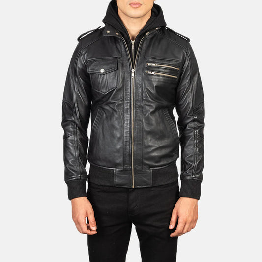 DZainio Black Hooded Leather Bomber Jacket
