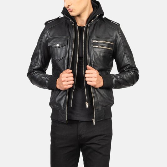 DZainio Black Hooded Leather Bomber Jacket