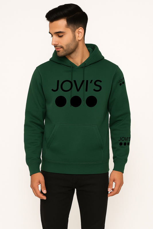 Green JOVI’S Hoodie with Black Logo & Multi Dot Sleeve Design – Casual Streetwear Pullover