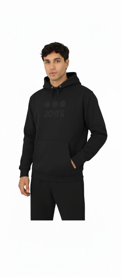 Black JOVI'S Hoodie with Blue Logo & Sleeve Dot Design – Casual Streetwear Pullover